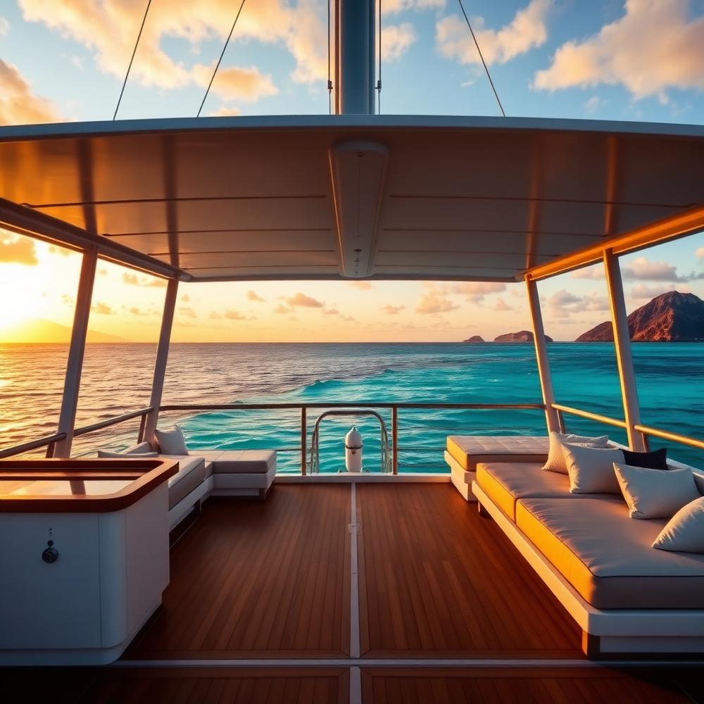 Luxury catamaran deck at sunset