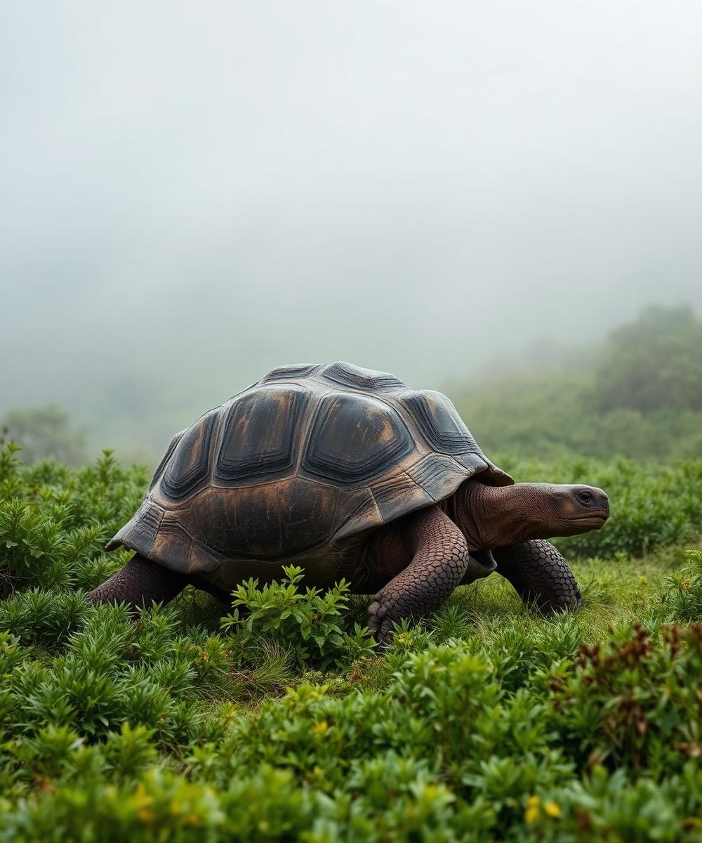 Giant tortoise in highland mist